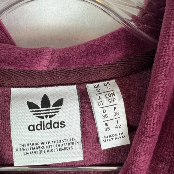 adidas Originals Cropped Velour Hoodie in Maroon/Burgundy Sz S - Picture 11 of 12